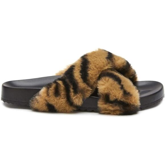 Size 8 Tan Zebra Print Vegan Slide Thick Faux Fur Lining Christmas Gift for Her - Picture 1 of 6
